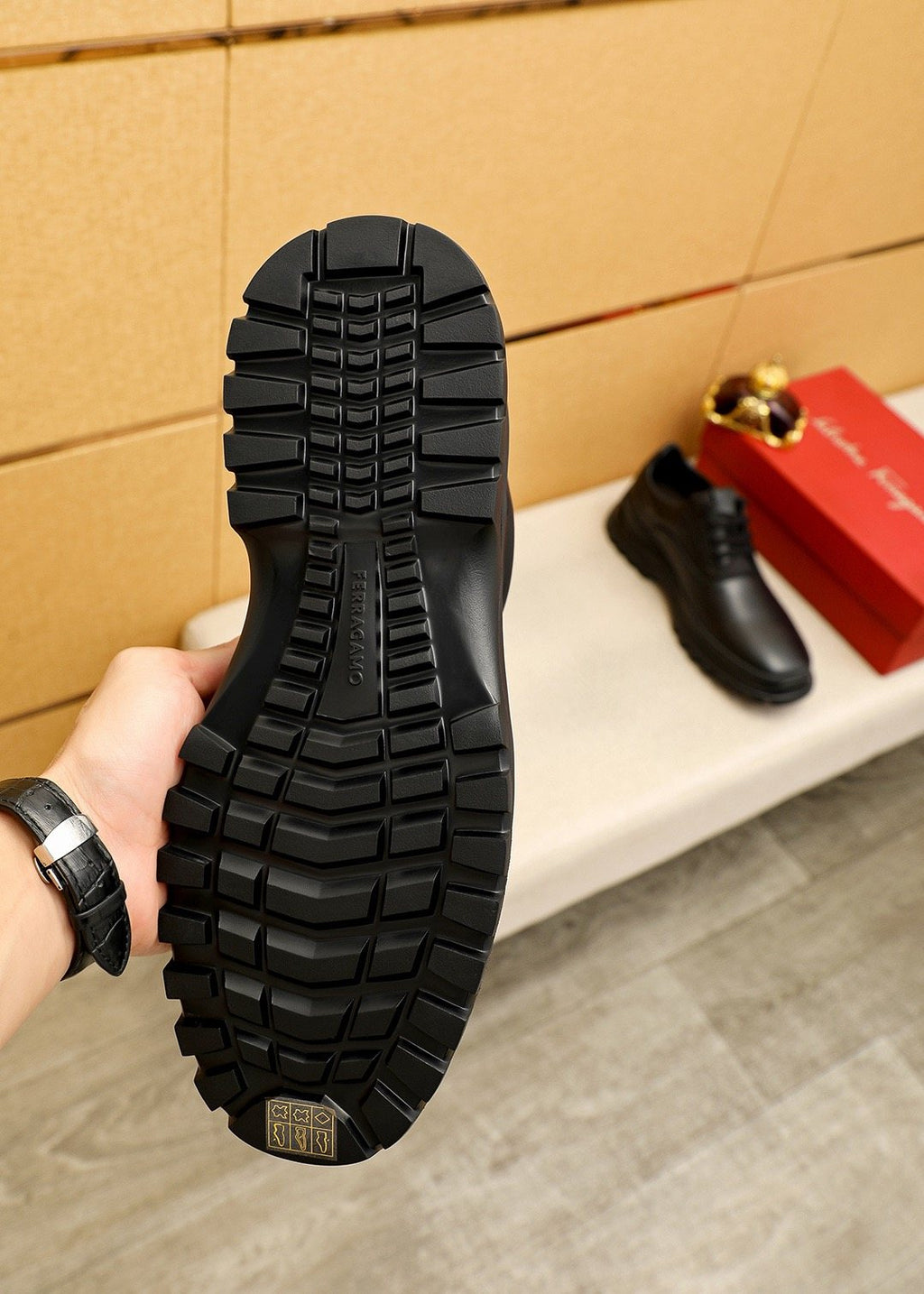 Ferragamo Black Leather Lug Sole Lace-Up Shoes
