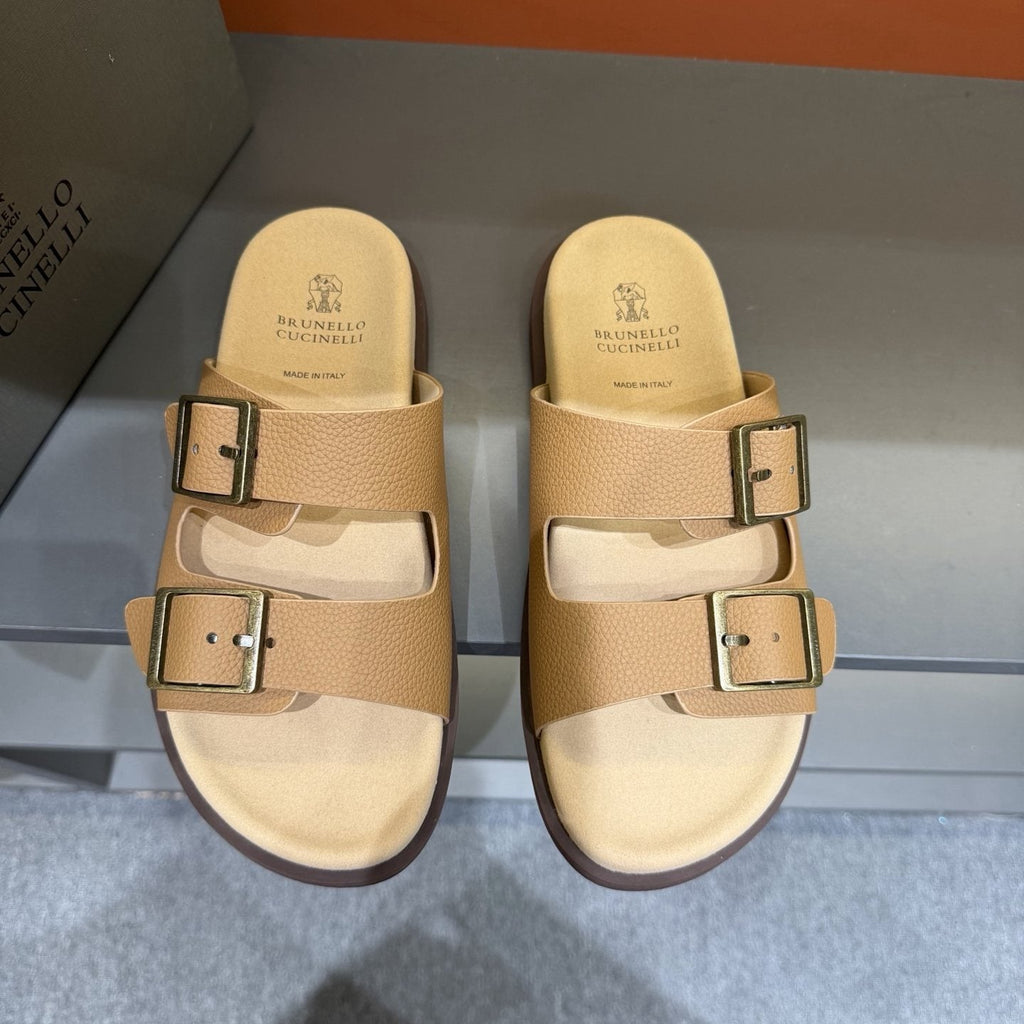 Brunello Cucinelli Men's Double-Buckle Slide Sandals - Textured Upper Straps